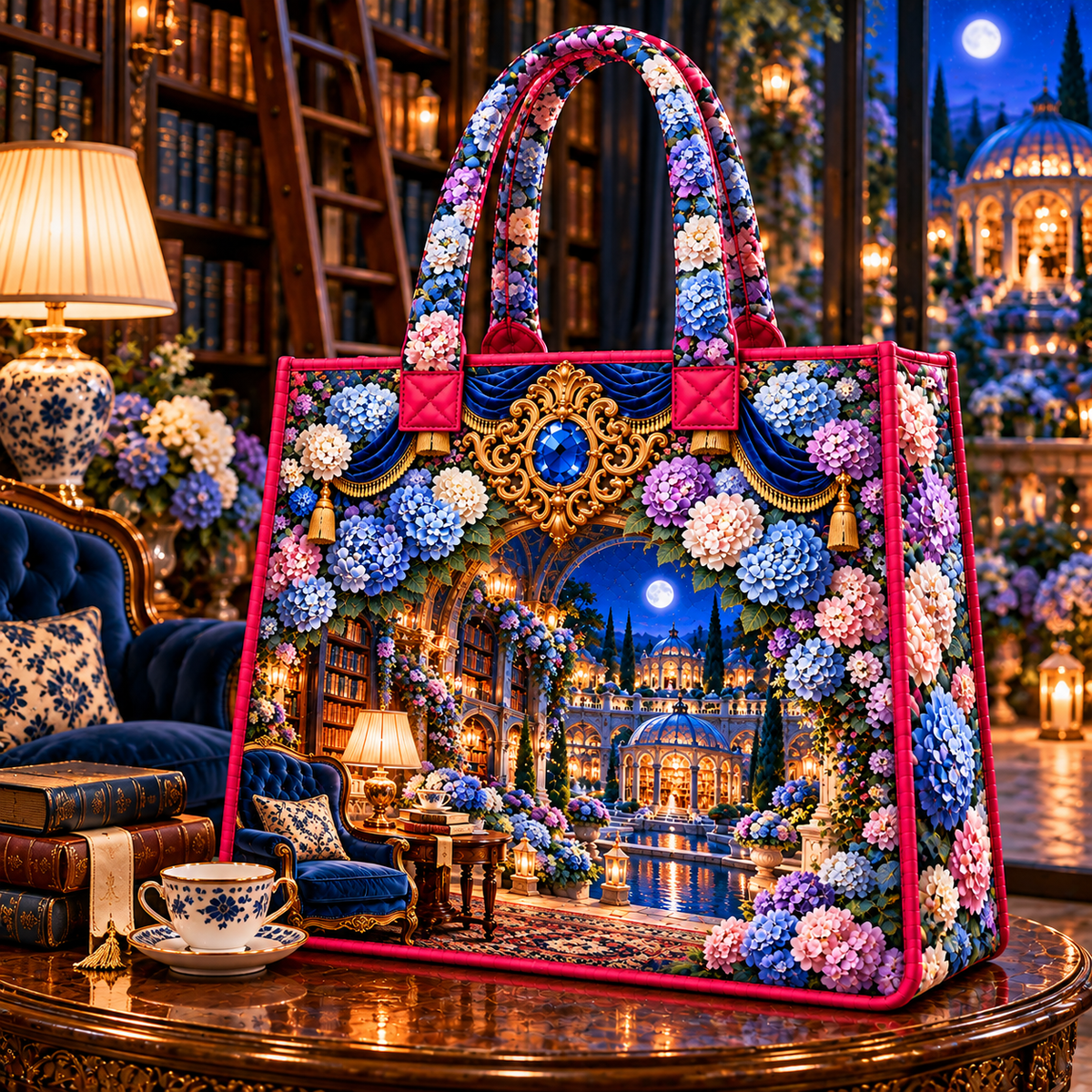 Hydrangea Library Alcove Quilted Tote Bag with printed optical 3D artwork in its use setting