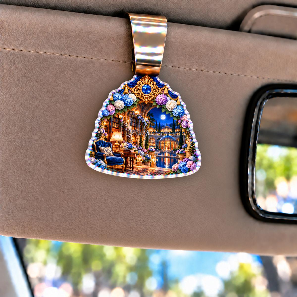 Hydrangea Library Alcove Holographic Car Visor Clip with printed optical 3D artwork in its use setting