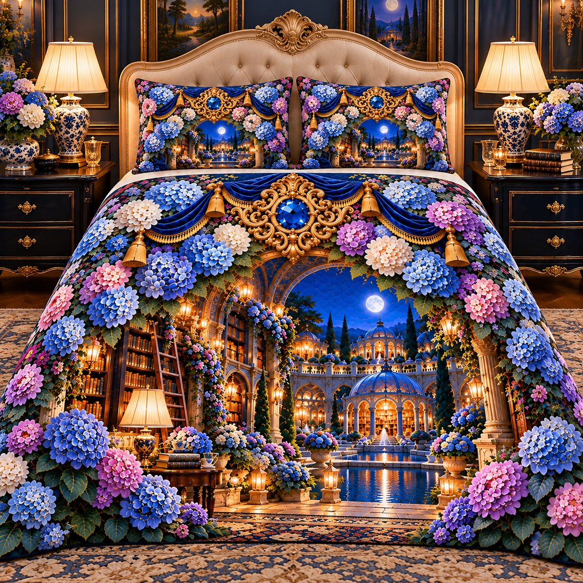Hydrangea Moonlit Suite Quilted Bedding Set with printed optical 3D artwork in its use setting