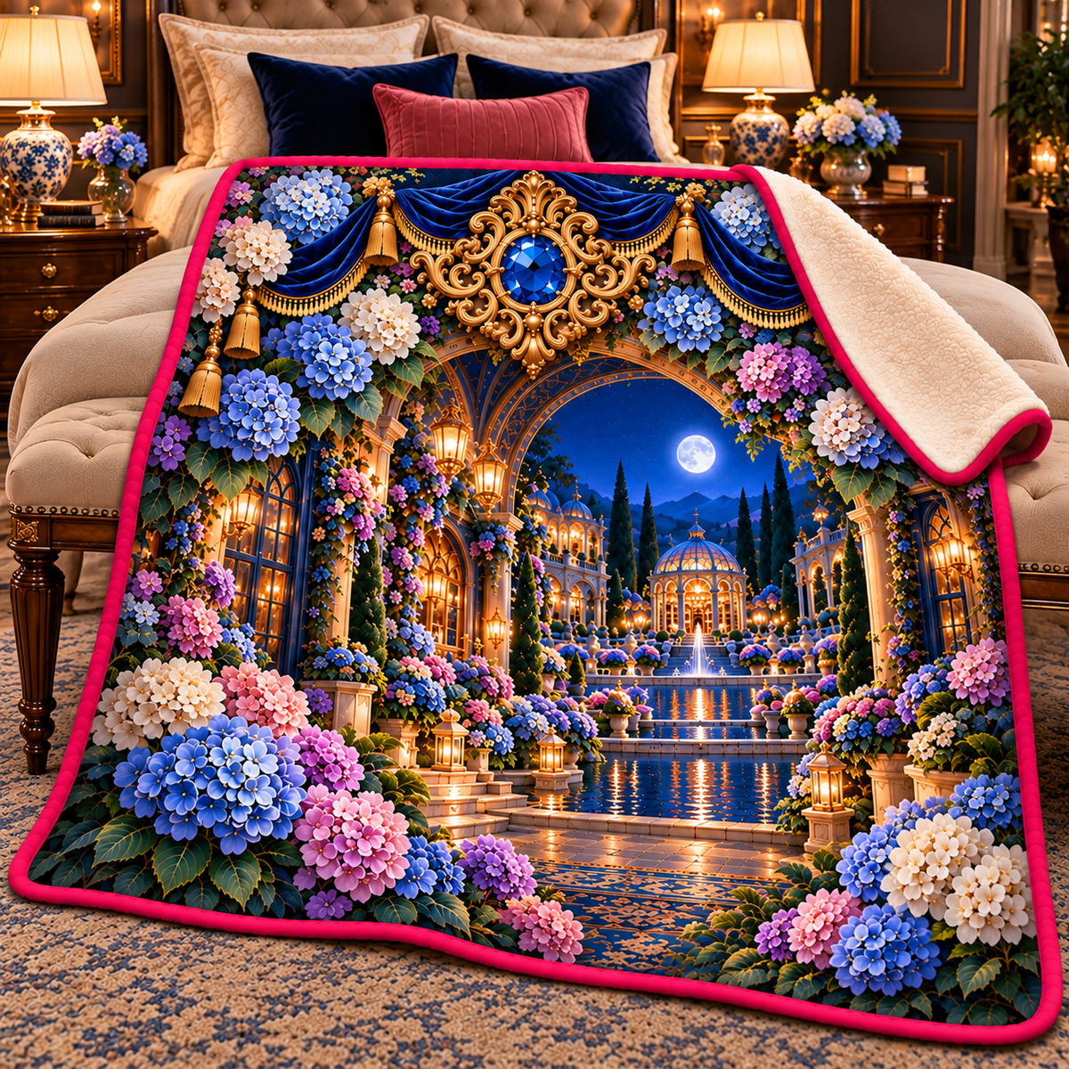 Hydrangea Moonlit Suite Sherpa & Fleece Blanket with printed optical 3D artwork in its use setting