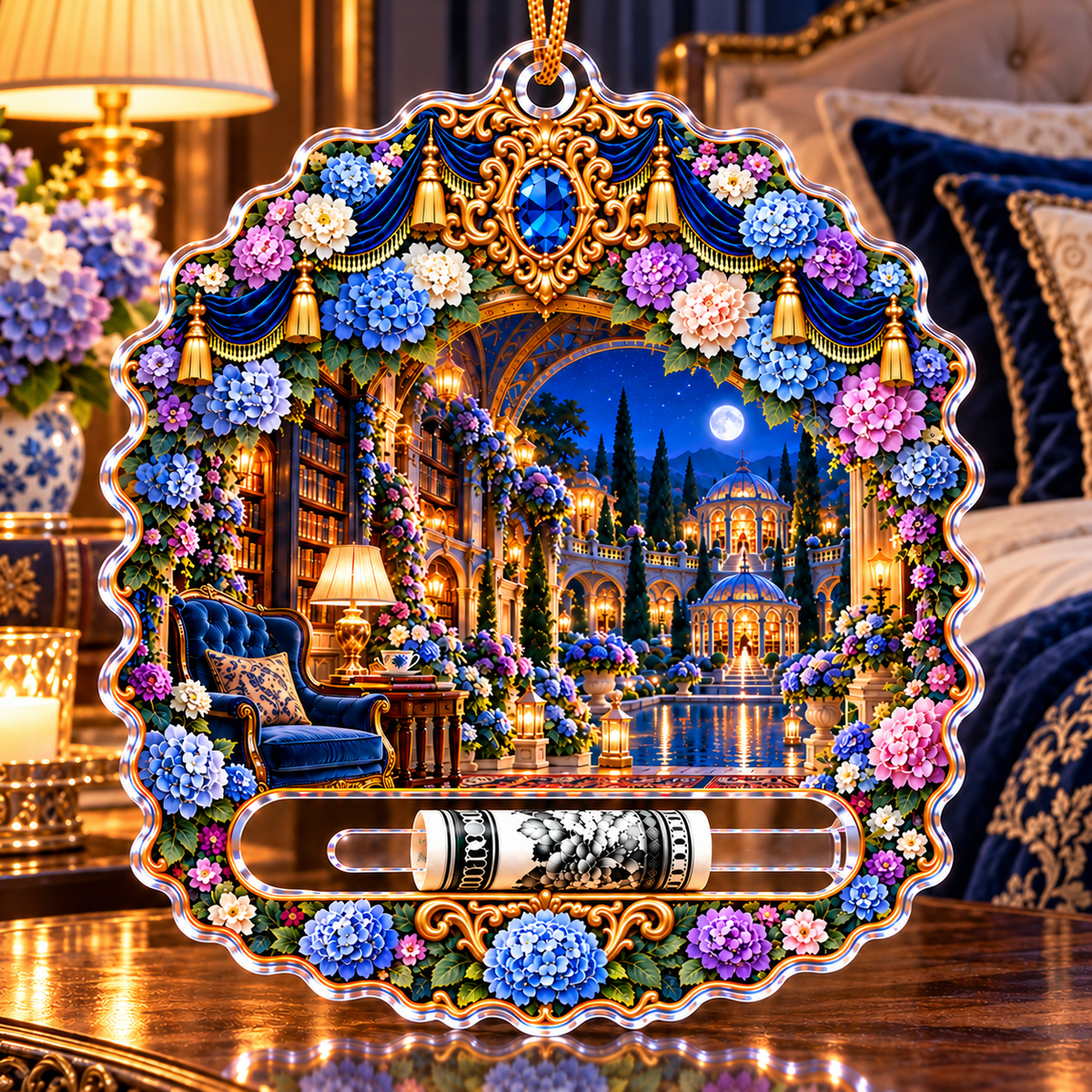 Hydrangea Moonlit Suite Acrylic Cash Holder Ornament with printed optical 3D artwork in its use setting