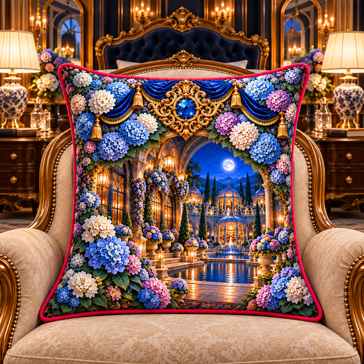 Hydrangea Moonlit Suite Quilted Cushion Cover with printed optical 3D artwork in its use setting