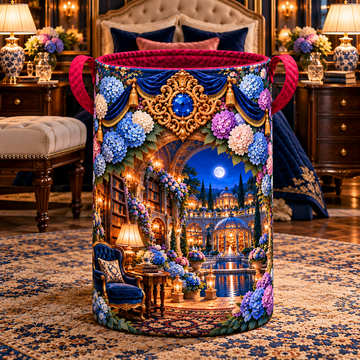 Hydrangea Moonlit Suite Laundry Hamper with printed optical 3D artwork in its use setting