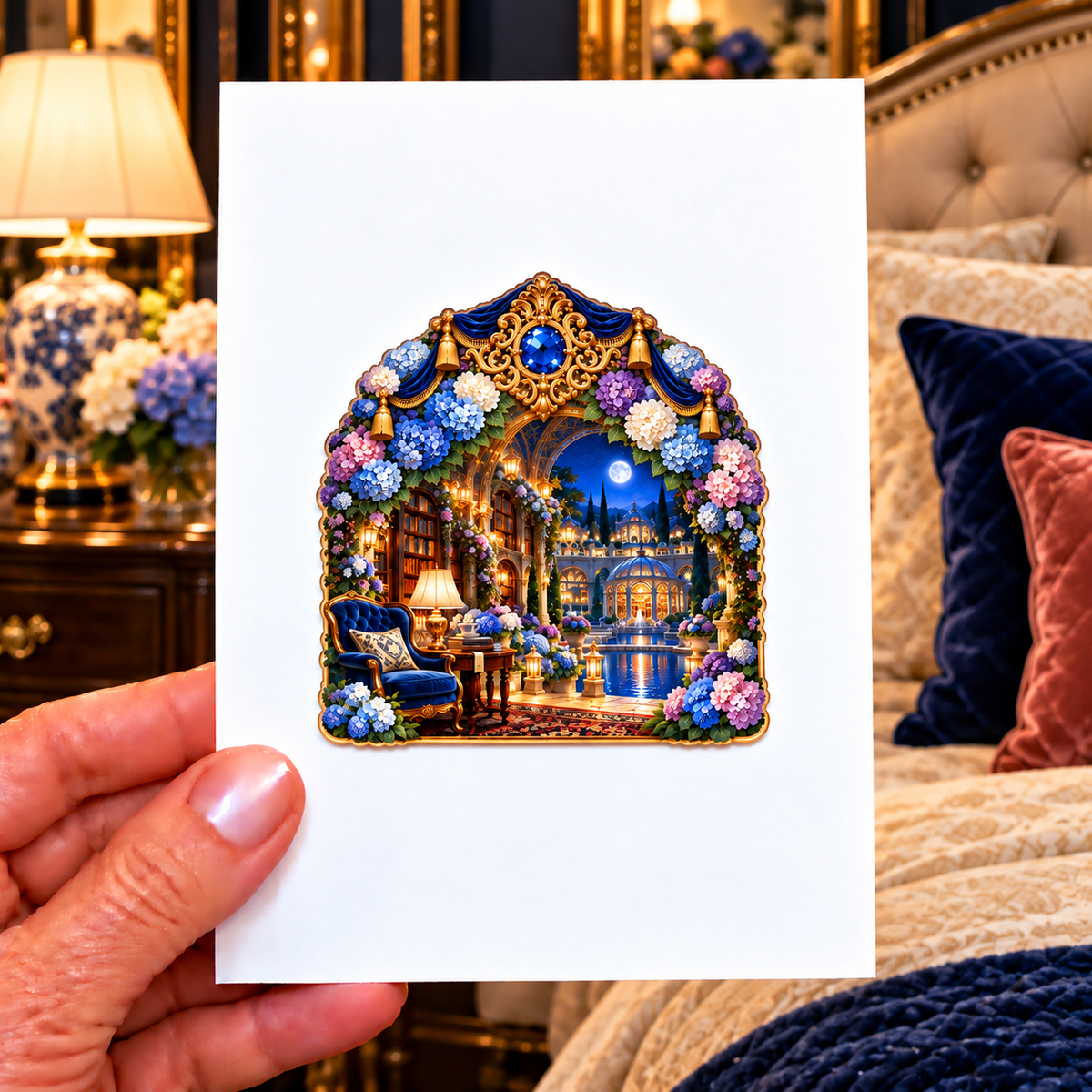 Hydrangea Moonlit Suite Acrylic Refrigerator Magnet with printed optical 3D artwork in its use setting