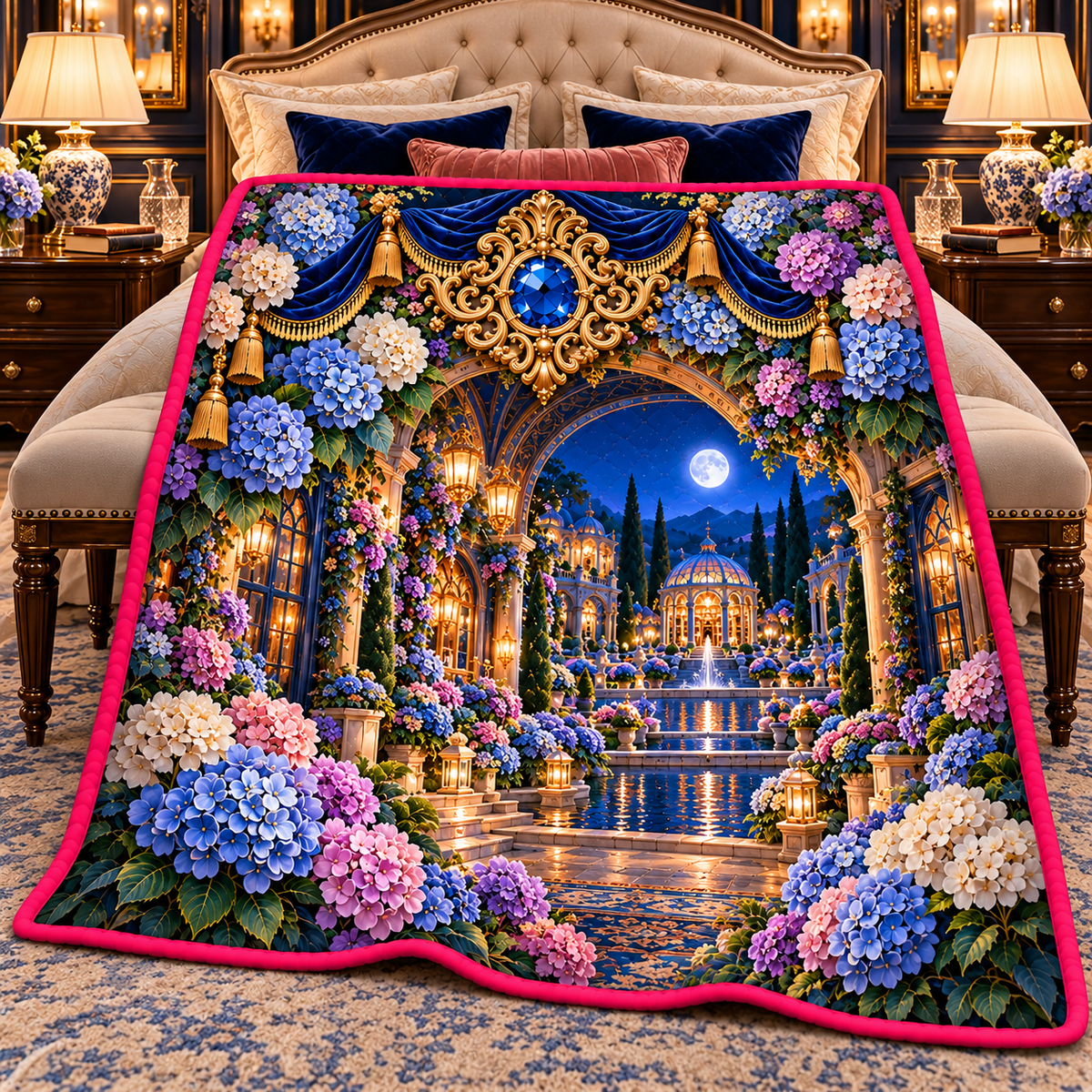 Hydrangea Moonlit Suite Quilt Blanket with printed optical 3D artwork in its use setting
