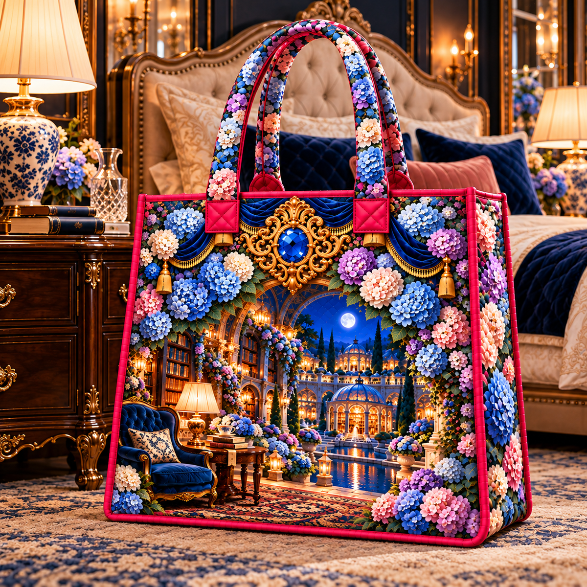 Hydrangea Moonlit Suite Quilted Tote Bag with printed optical 3D artwork in its use setting