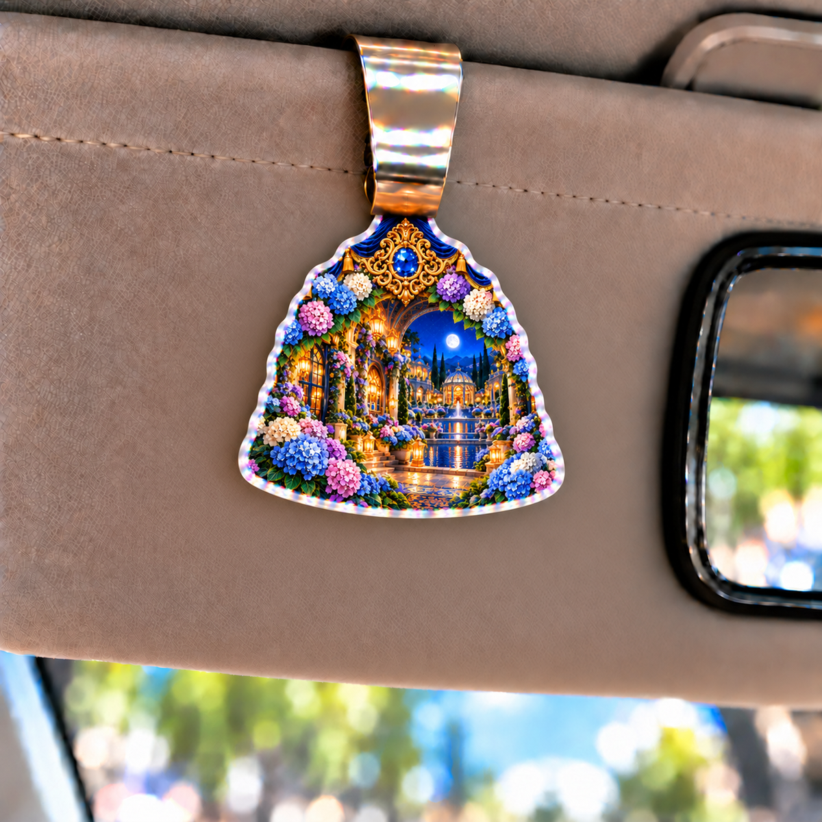 Hydrangea Moonlit Suite Holographic Car Visor Clip with printed optical 3D artwork in its use setting
