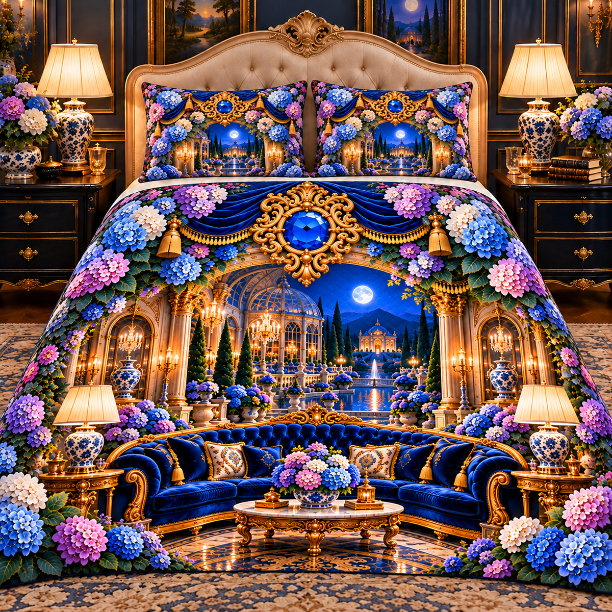 Hydrangea Grand Salon Cascade Quilted Bedding Set with printed optical 3D artwork in its use setting