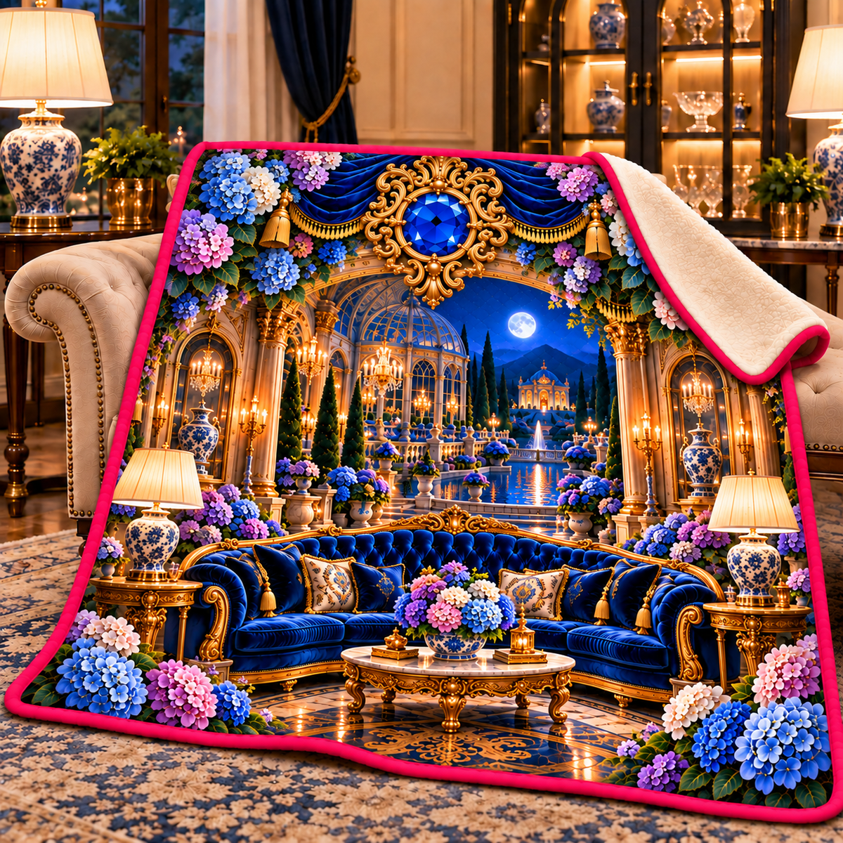 Hydrangea Grand Salon Cascade Sherpa & Fleece Blanket with printed optical 3D artwork in its use setting