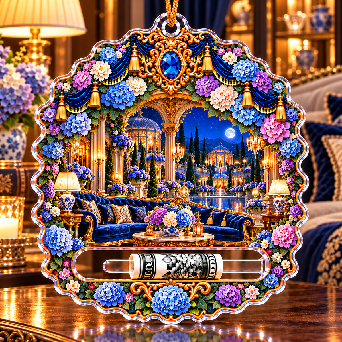 Hydrangea Grand Salon Cascade Acrylic Cash Holder Ornament with printed optical 3D artwork in its use setting