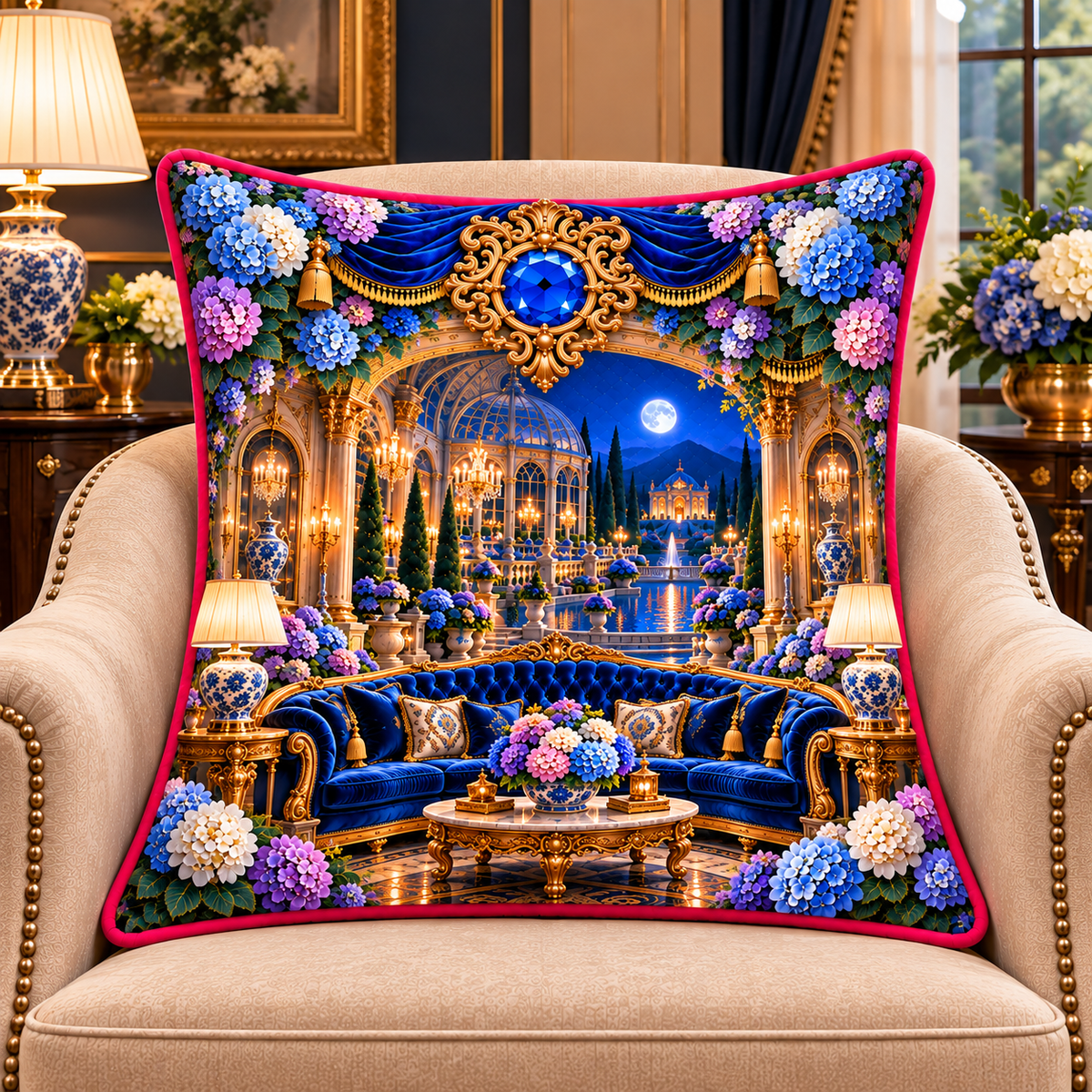 Hydrangea Grand Salon Cascade Quilted Cushion Cover with printed optical 3D artwork in its use setting