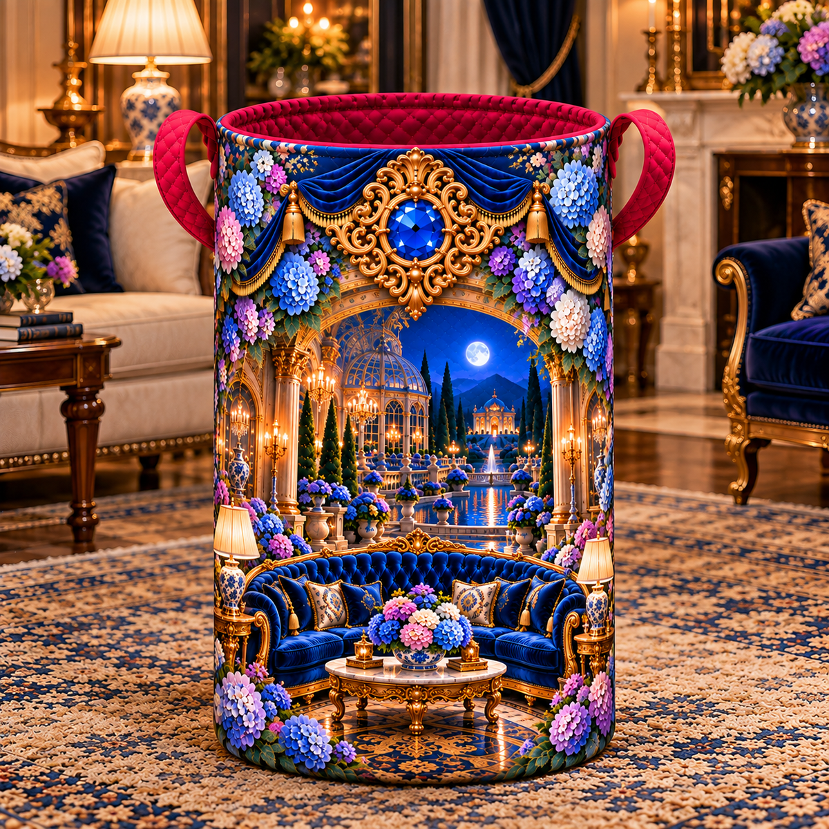 Hydrangea Grand Salon Cascade Laundry Hamper with printed optical 3D artwork in its use setting