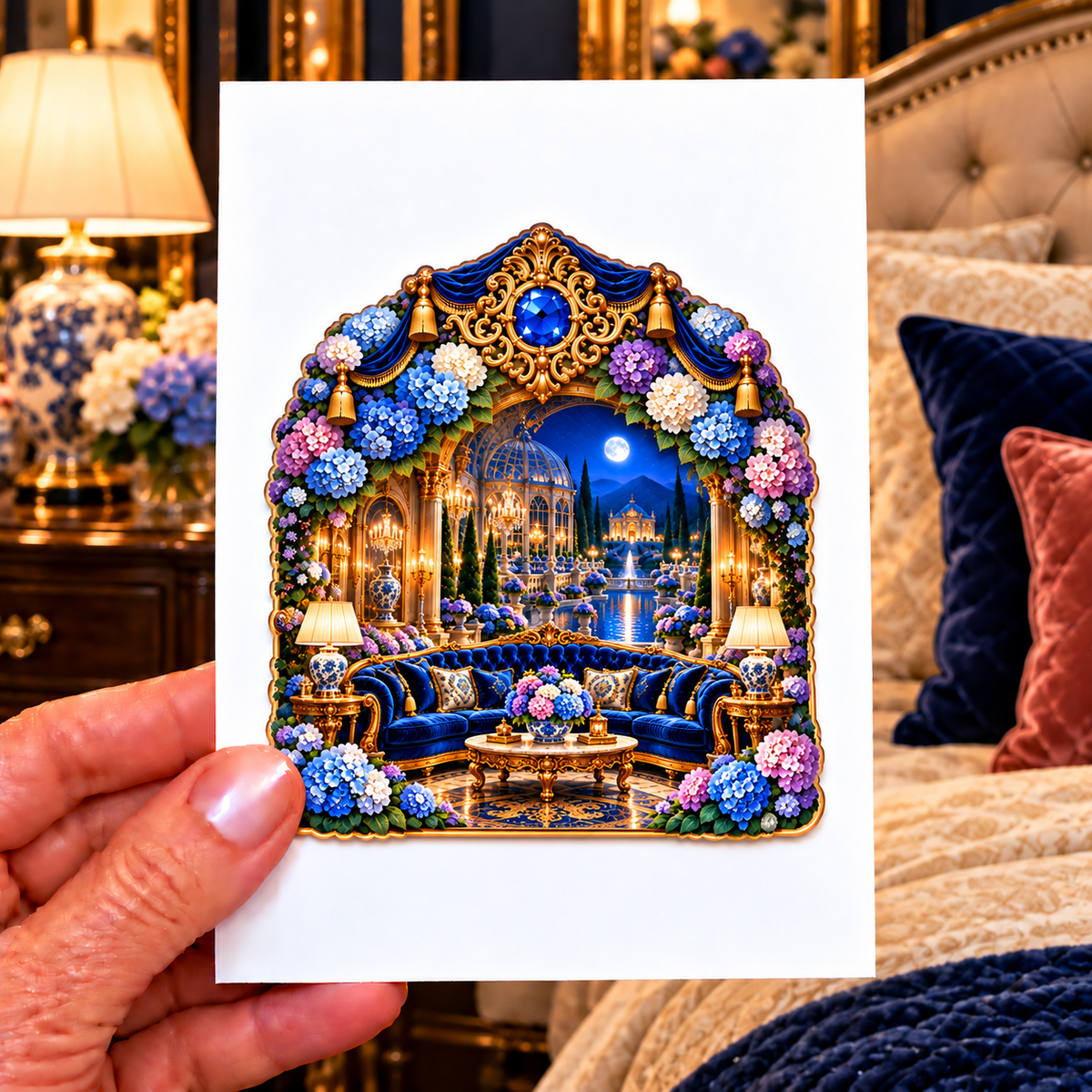 Hydrangea Grand Salon Cascade Acrylic Refrigerator Magnet with printed optical 3D artwork in its use setting