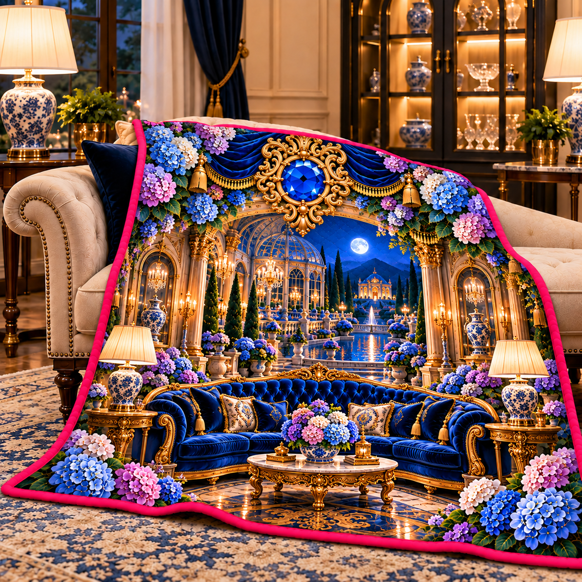 Hydrangea Grand Salon Cascade Quilt Blanket with printed optical 3D artwork in its use setting