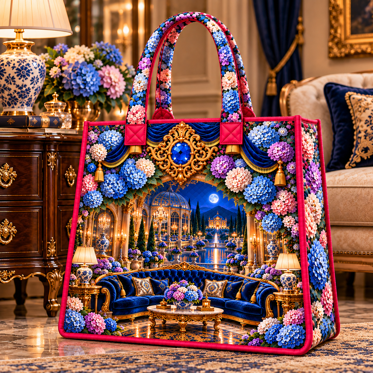 Hydrangea Grand Salon Cascade Quilted Tote Bag with printed optical 3D artwork in its use setting
