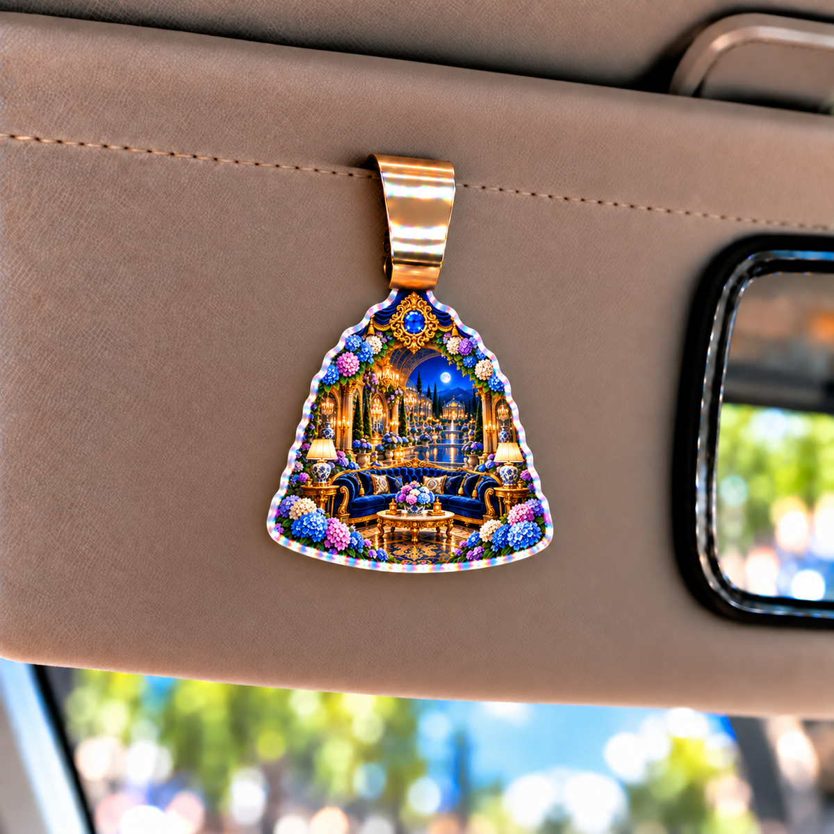 Hydrangea Grand Salon Cascade Holographic Car Visor Clip with printed optical 3D artwork in its use setting