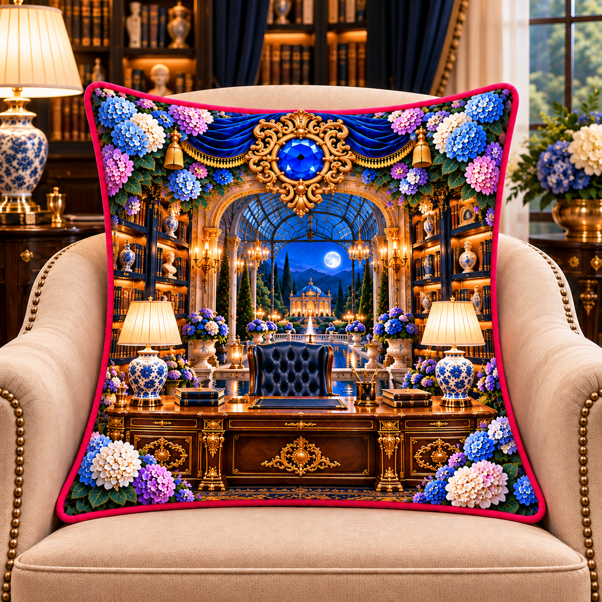 Hydrangea Executive Library Quilted Cushion Cover with printed optical 3D artwork in its use setting