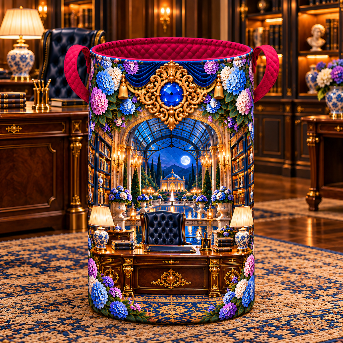 Hydrangea Executive Library Laundry Hamper with printed optical 3D artwork in its use setting