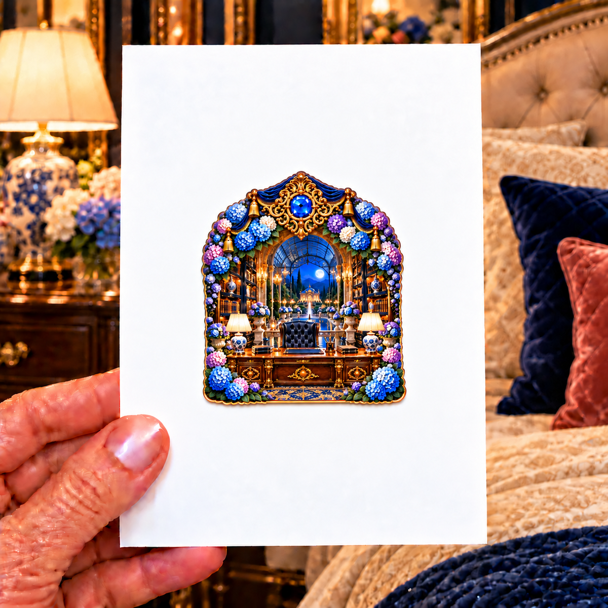 Hydrangea Executive Library Acrylic Refrigerator Magnet with printed optical 3D artwork in its use setting