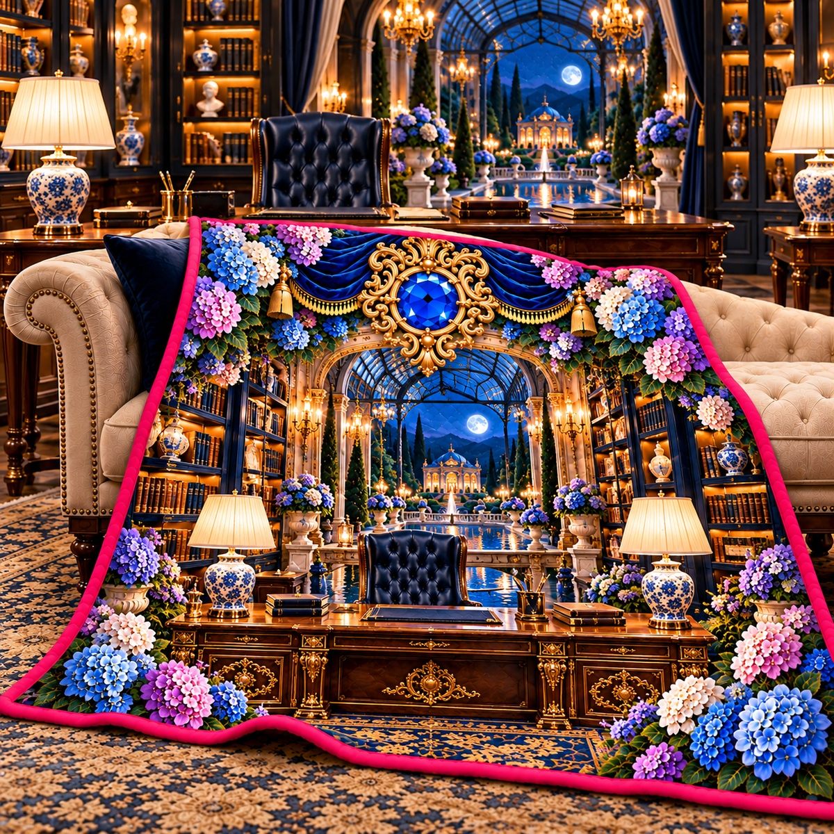 Hydrangea Executive Library Quilt Blanket with printed optical 3D artwork in its use setting