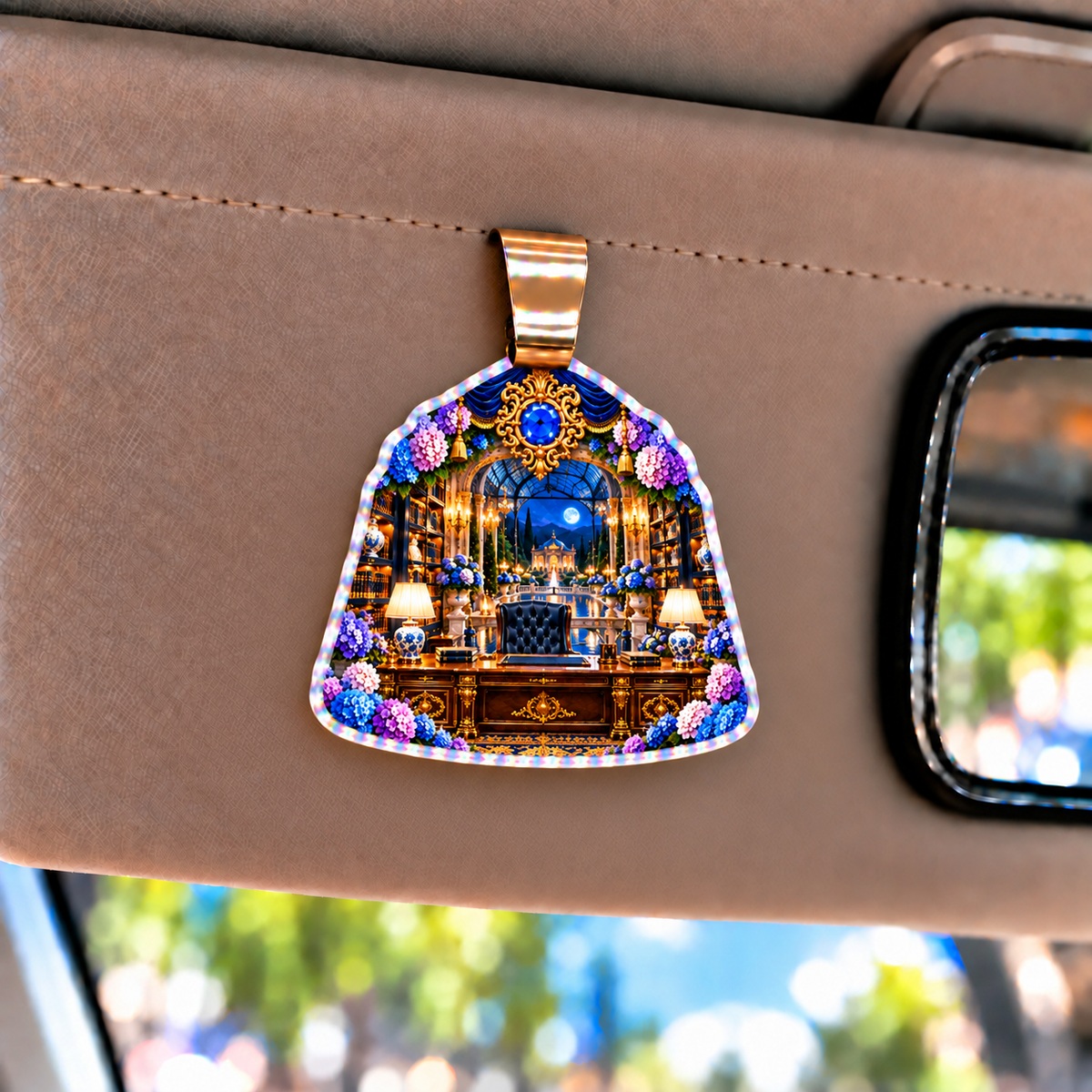 Hydrangea Executive Library Holographic Car Visor Clip with printed optical 3D artwork in its use setting
