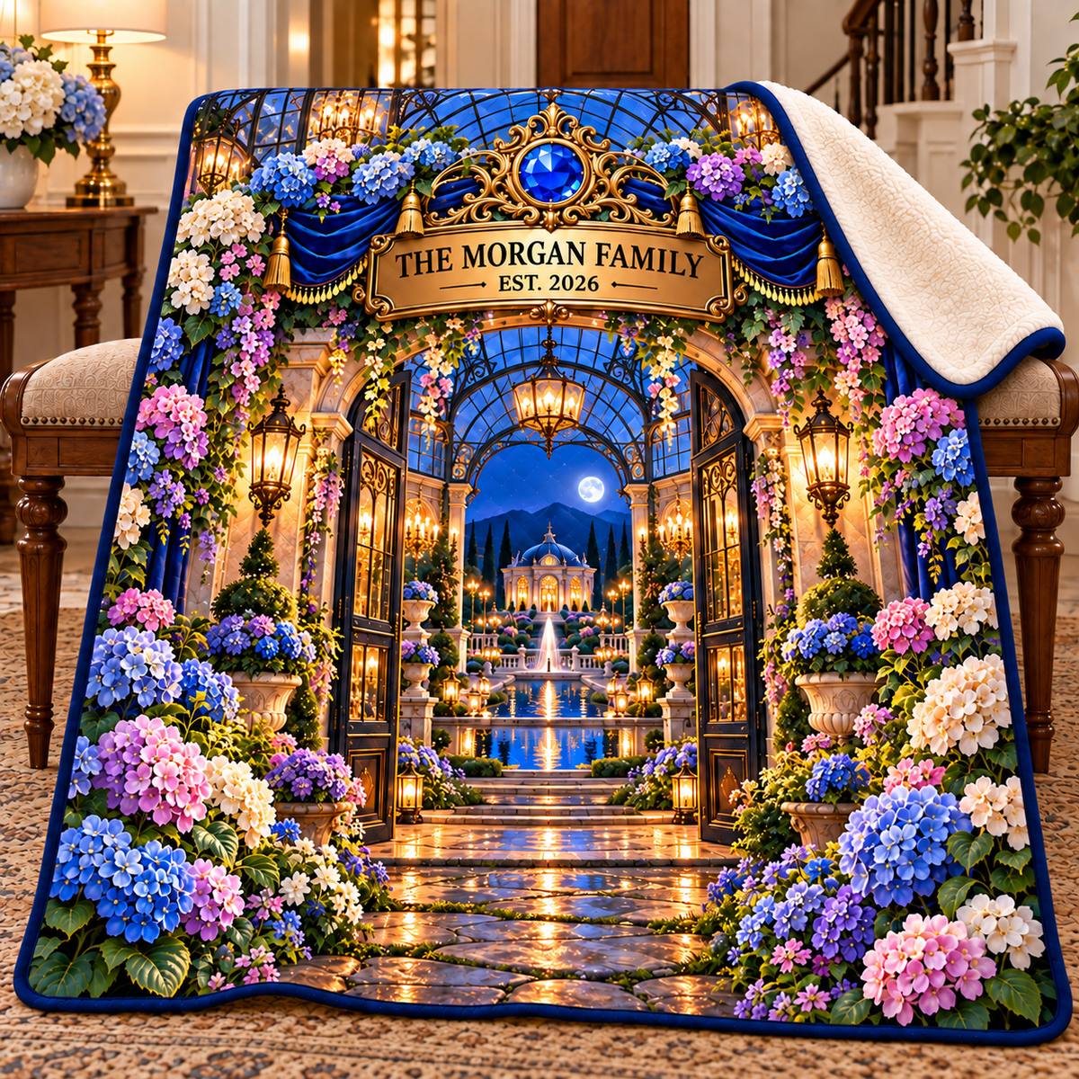 Hydrangea Family Welcome Sherpa & Fleece Blanket with printed optical 3D artwork in its use setting