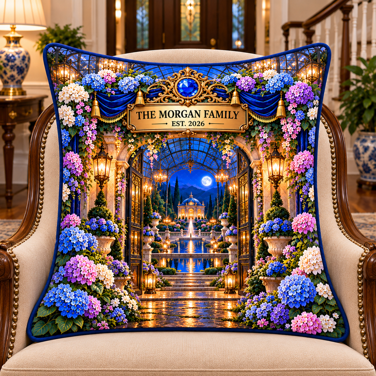 Hydrangea Family Welcome Quilted Cushion Cover with printed optical 3D artwork in its use setting