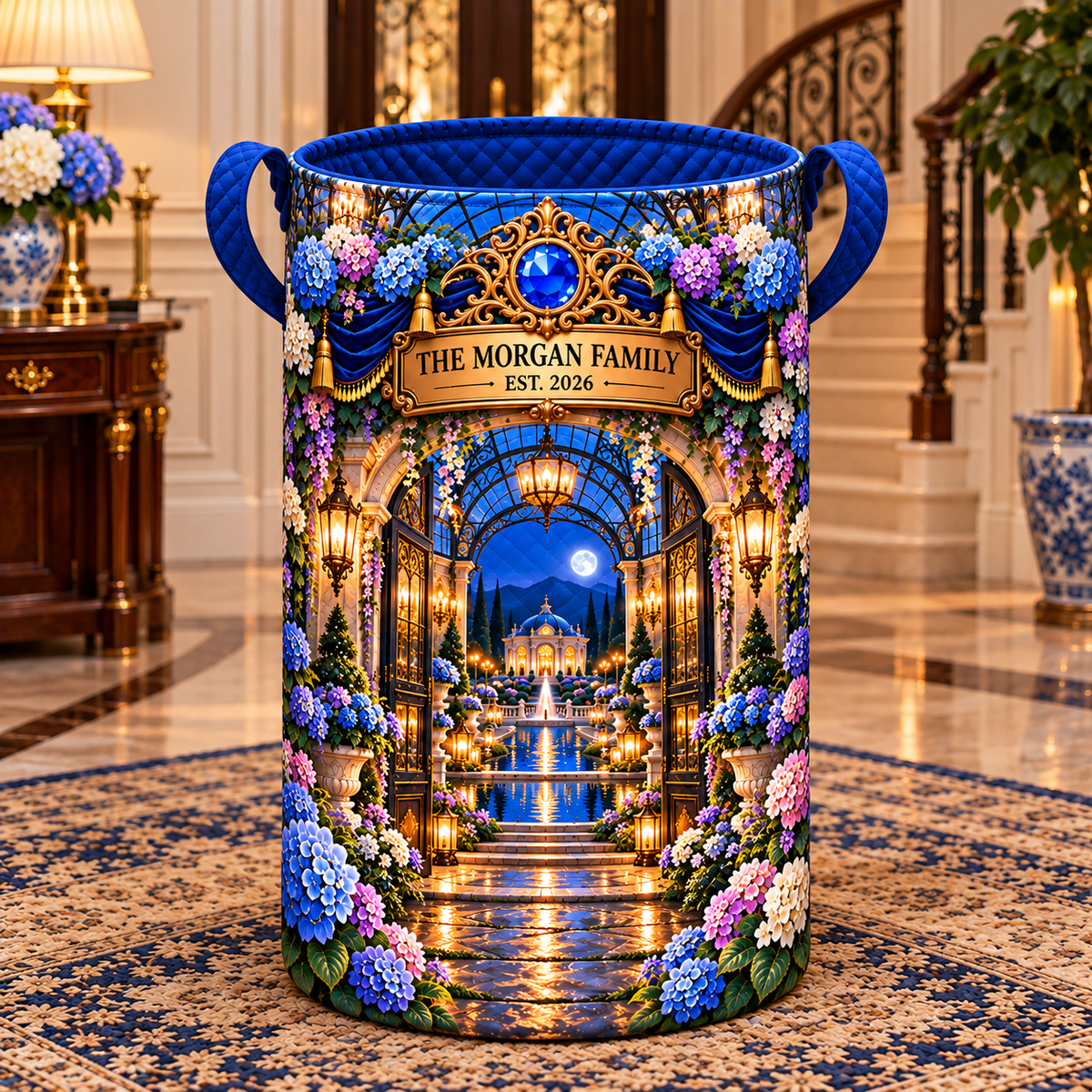 Hydrangea Family Welcome Laundry Hamper with printed optical 3D artwork in its use setting