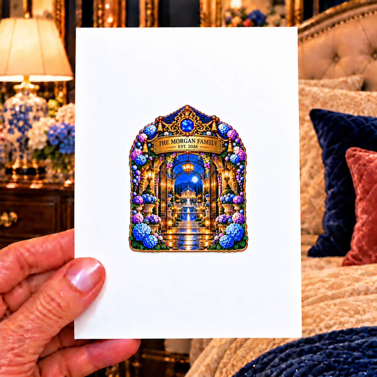 Hydrangea Family Welcome Acrylic Refrigerator Magnet with printed optical 3D artwork in its use setting