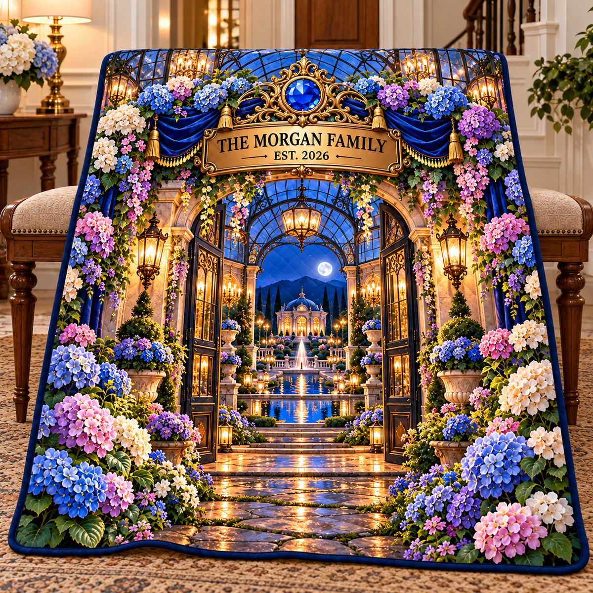 Hydrangea Family Welcome Quilt Blanket with printed optical 3D artwork in its use setting