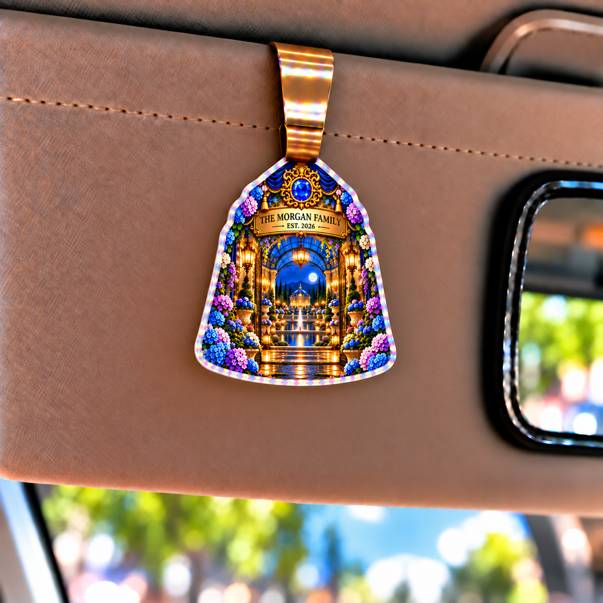 Hydrangea Family Welcome Holographic Car Visor Clip with printed optical 3D artwork in its use setting