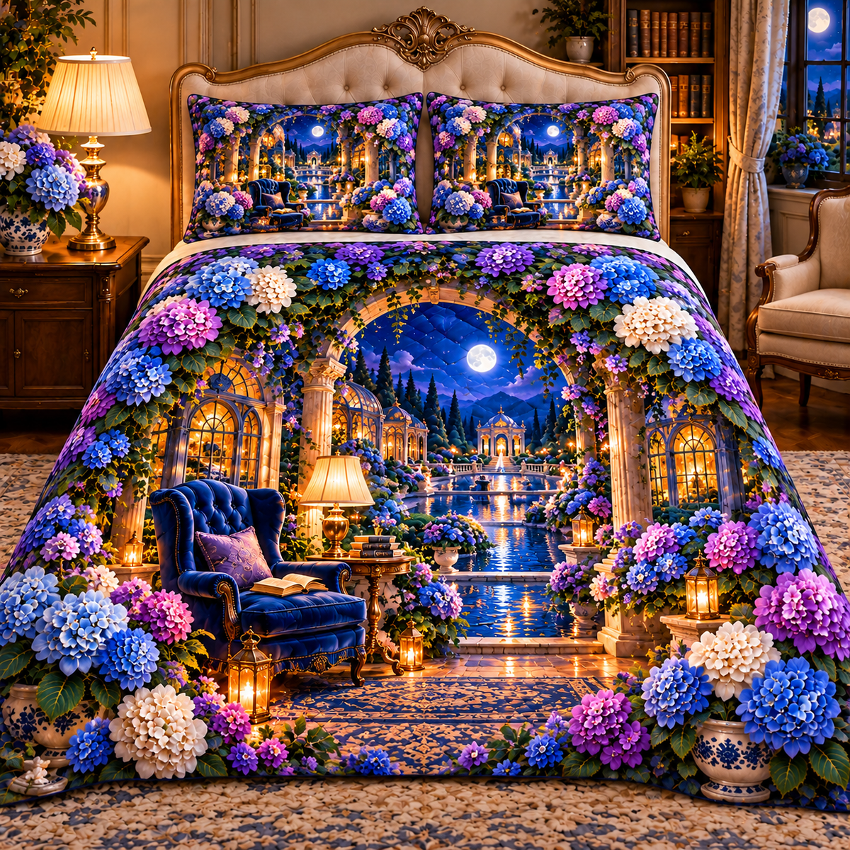 Hydrangea Moonlit Reading Nook Quilted Bedding Set with printed optical 3D artwork in its use setting