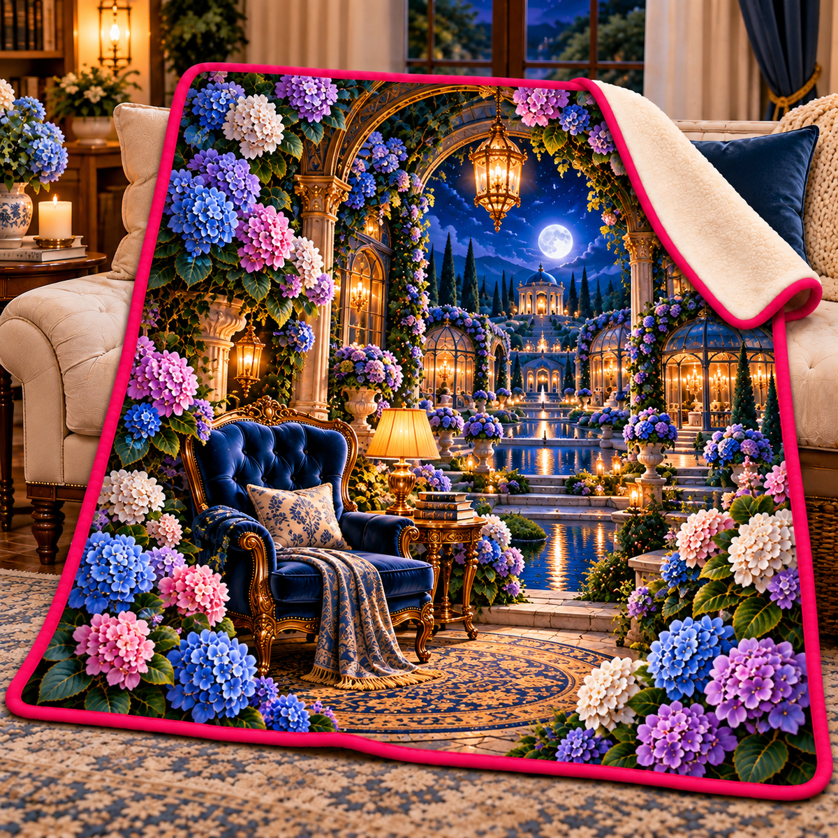 Hydrangea Moonlit Reading Nook Sherpa & Fleece Blanket with printed optical 3D artwork in its use setting