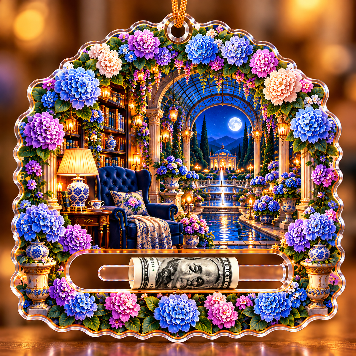 Hydrangea Moonlit Reading Nook Acrylic Cash Holder Ornament with printed optical 3D artwork in its use setting