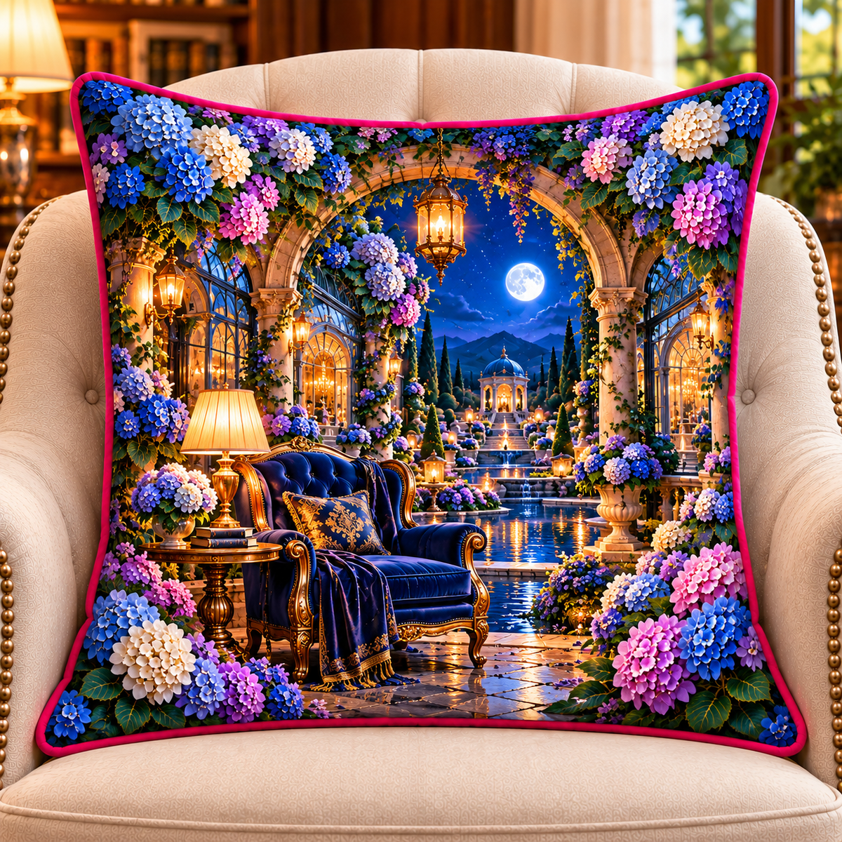 Hydrangea Moonlit Reading Nook Quilted Cushion Cover with printed optical 3D artwork in its use setting