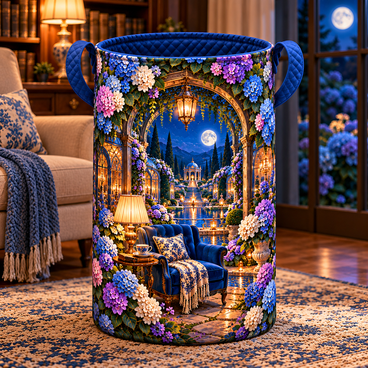 Hydrangea Moonlit Reading Nook Laundry Hamper with printed optical 3D artwork in its use setting