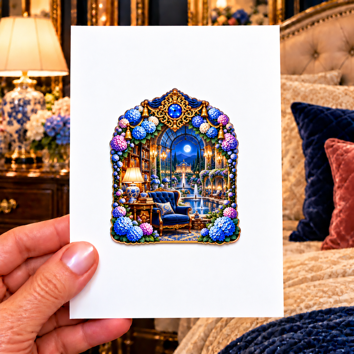 Hydrangea Moonlit Reading Nook Acrylic Refrigerator Magnet with printed optical 3D artwork in its use setting