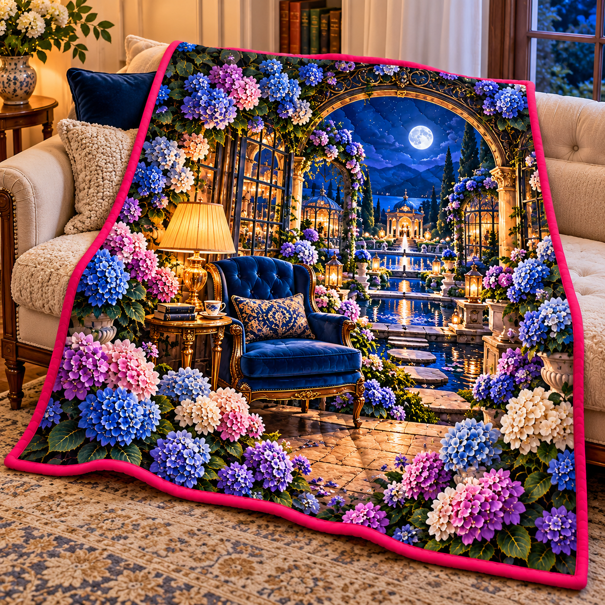 Hydrangea Moonlit Reading Nook Quilt Blanket with printed optical 3D artwork in its use setting
