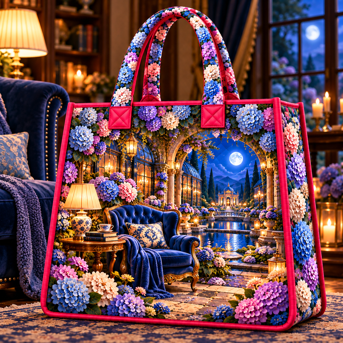 Hydrangea Moonlit Reading Nook Quilted Tote Bag with printed optical 3D artwork in its use setting