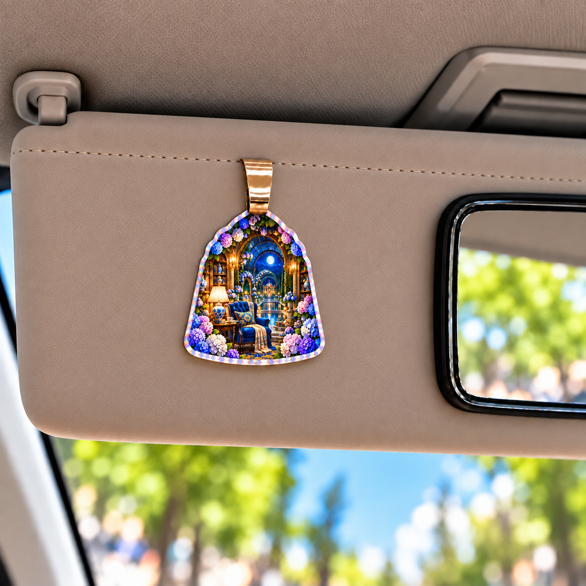 Hydrangea Moonlit Reading Nook Holographic Car Visor Clip with printed optical 3D artwork in its use setting