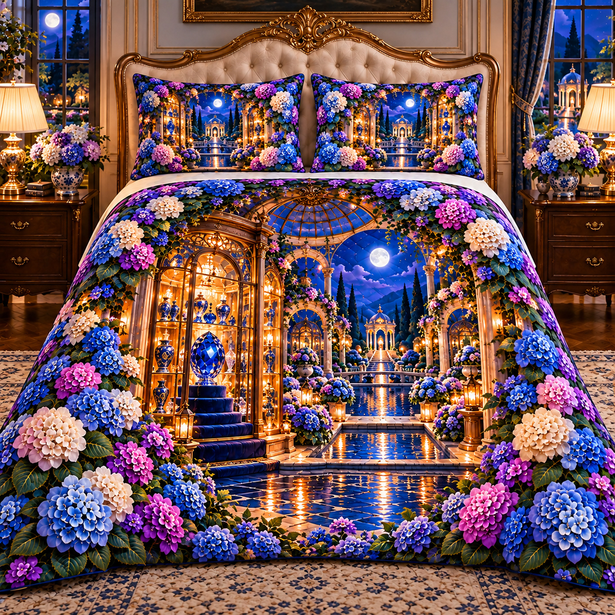 Hydrangea Sapphire Curio Quilted Bedding Set with printed optical 3D artwork in its use setting