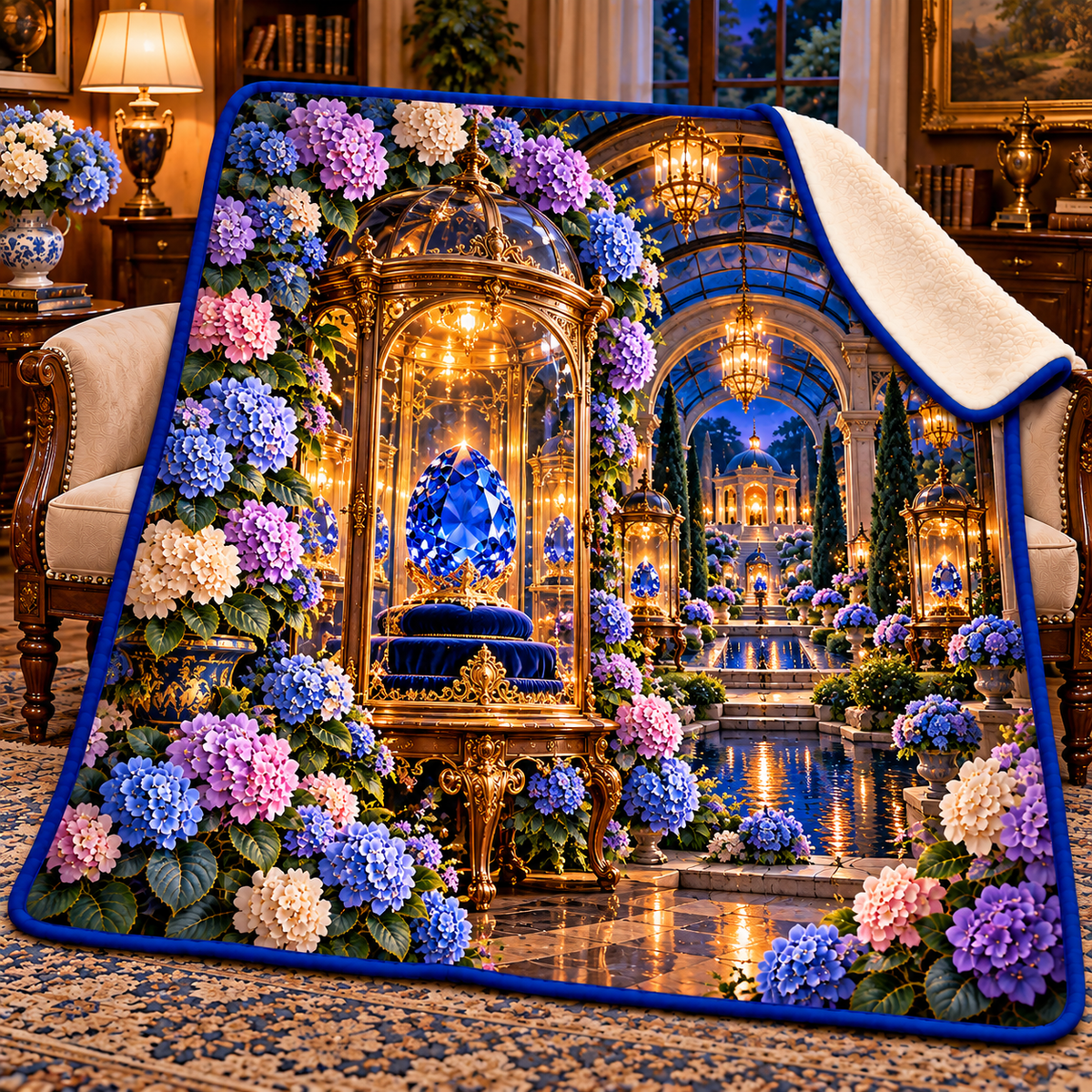 Hydrangea Sapphire Curio Sherpa & Fleece Blanket with printed optical 3D artwork in its use setting