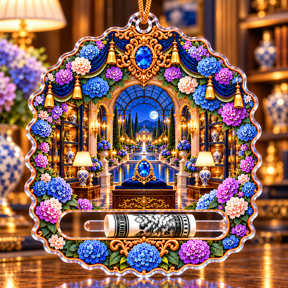 Hydrangea Sapphire Curio Acrylic Cash Holder Ornament with printed optical 3D artwork in its use setting