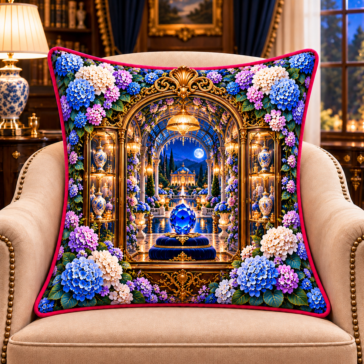 Hydrangea Sapphire Curio Quilted Cushion Cover with printed optical 3D artwork in its use setting