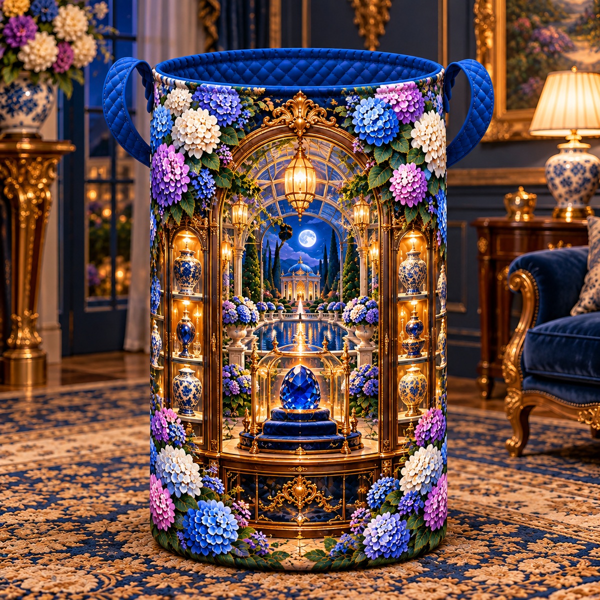 Hydrangea Sapphire Curio Laundry Hamper with printed optical 3D artwork in its use setting