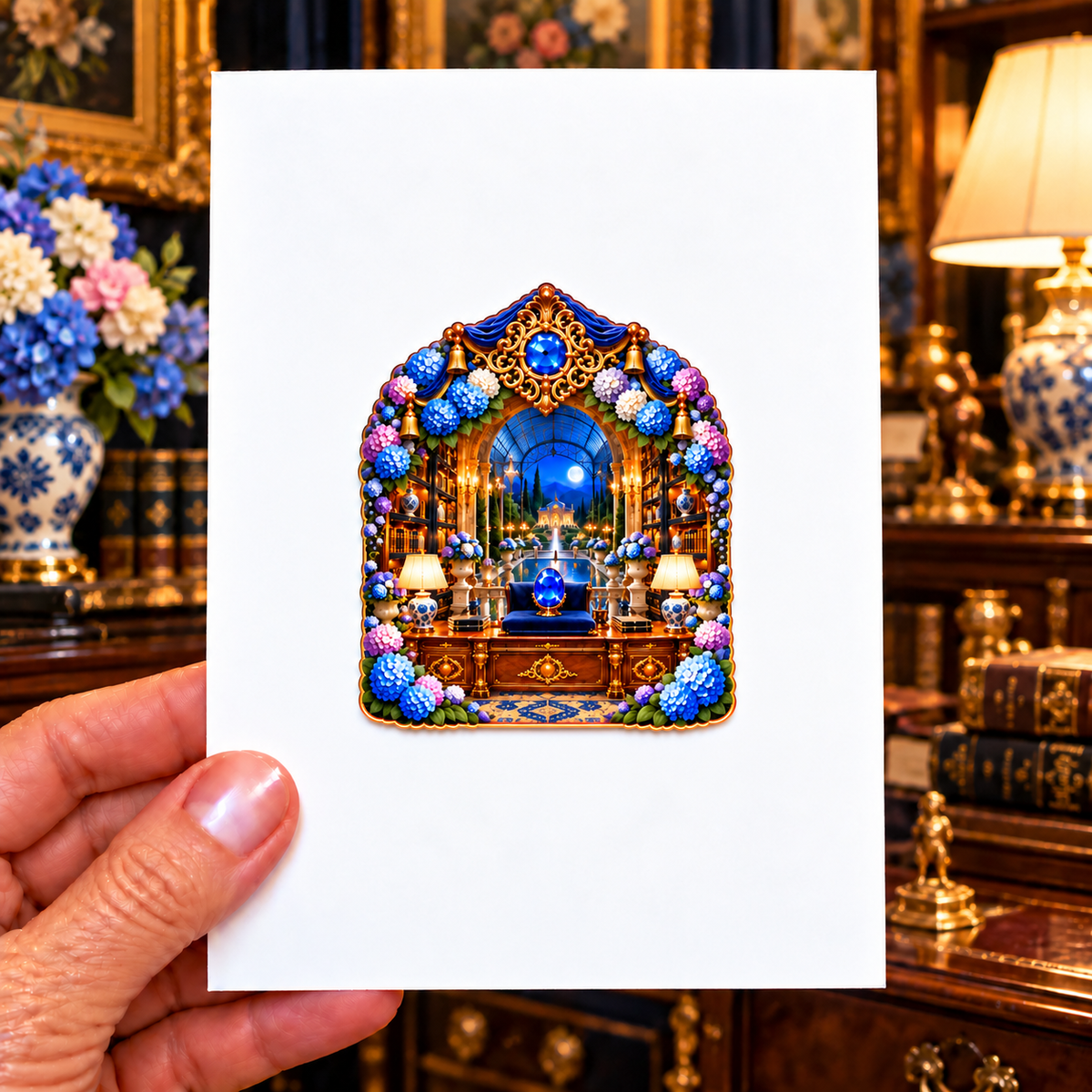 Hydrangea Sapphire Curio Acrylic Refrigerator Magnet with printed optical 3D artwork in its use setting