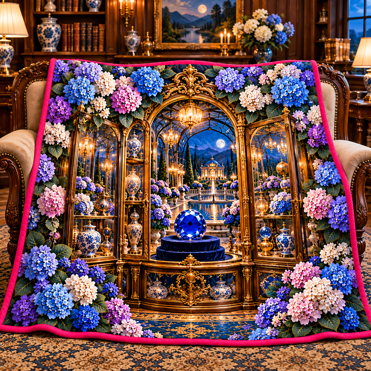 Hydrangea Sapphire Curio Quilt Blanket with printed optical 3D artwork in its use setting