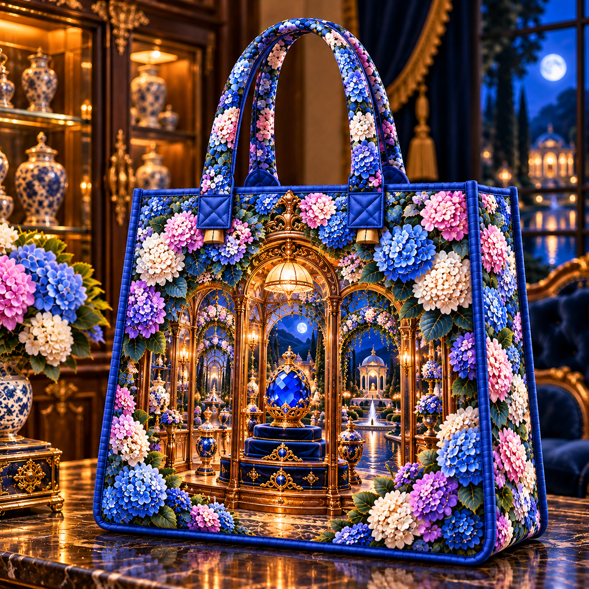 Hydrangea Sapphire Curio Quilted Tote Bag with printed optical 3D artwork in its use setting