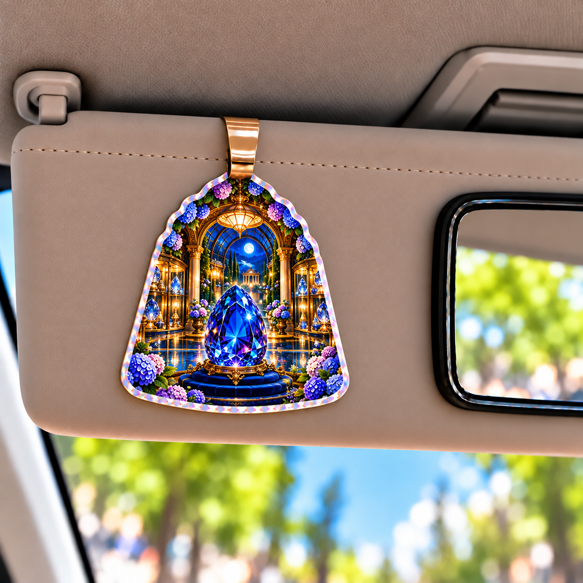 Hydrangea Sapphire Curio Holographic Car Visor Clip with printed optical 3D artwork in its use setting