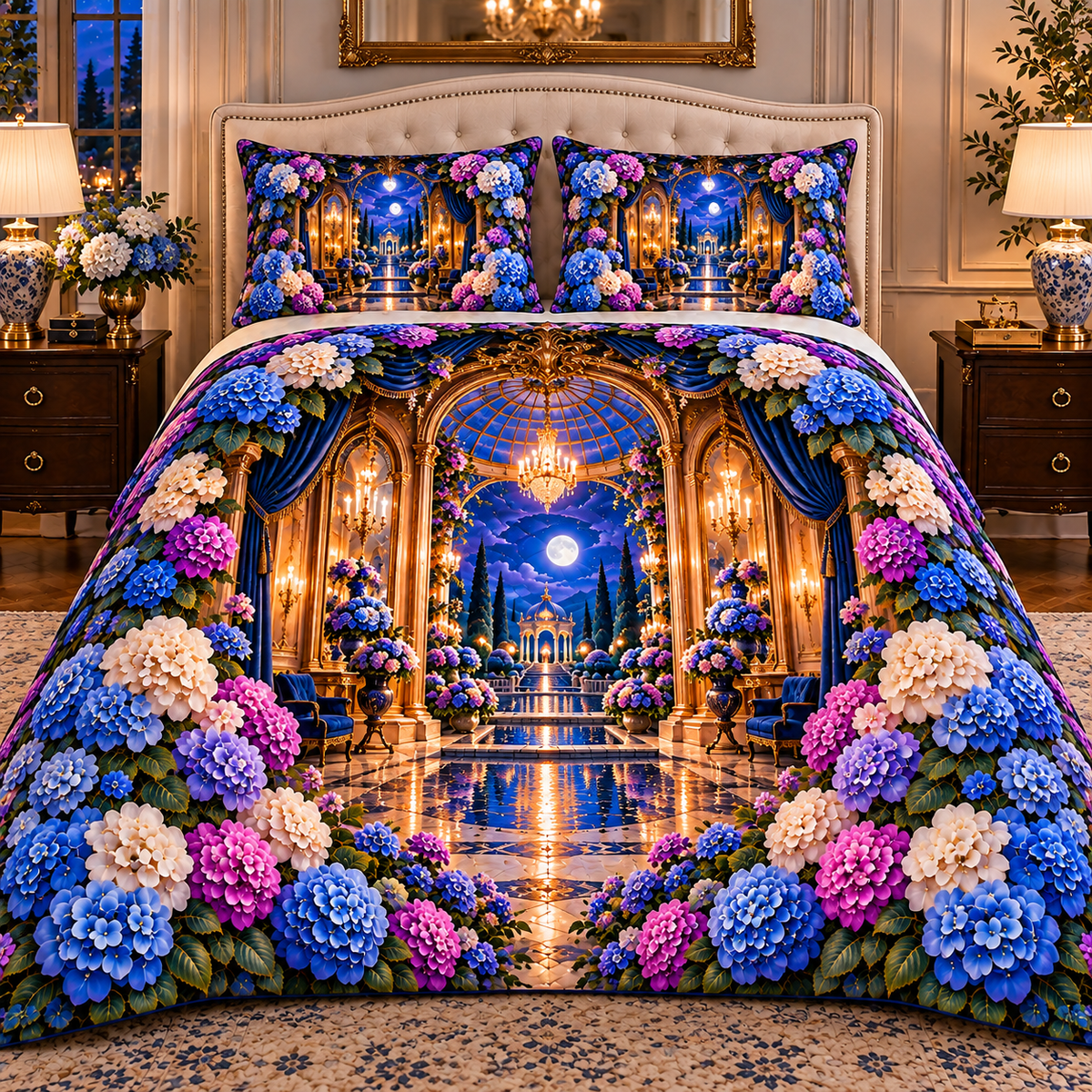 Hydrangea Moon Gallery Quilted Bedding Set with printed optical 3D artwork in its use setting